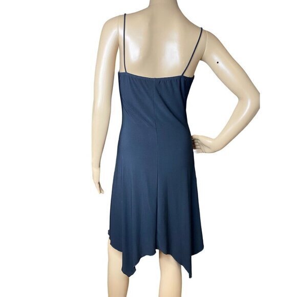 Y2K Taboo Black Dress With Blue Ribbon Asymmetric Hem Spaghetti Straps Ruched Bu - Picture 7 of 7